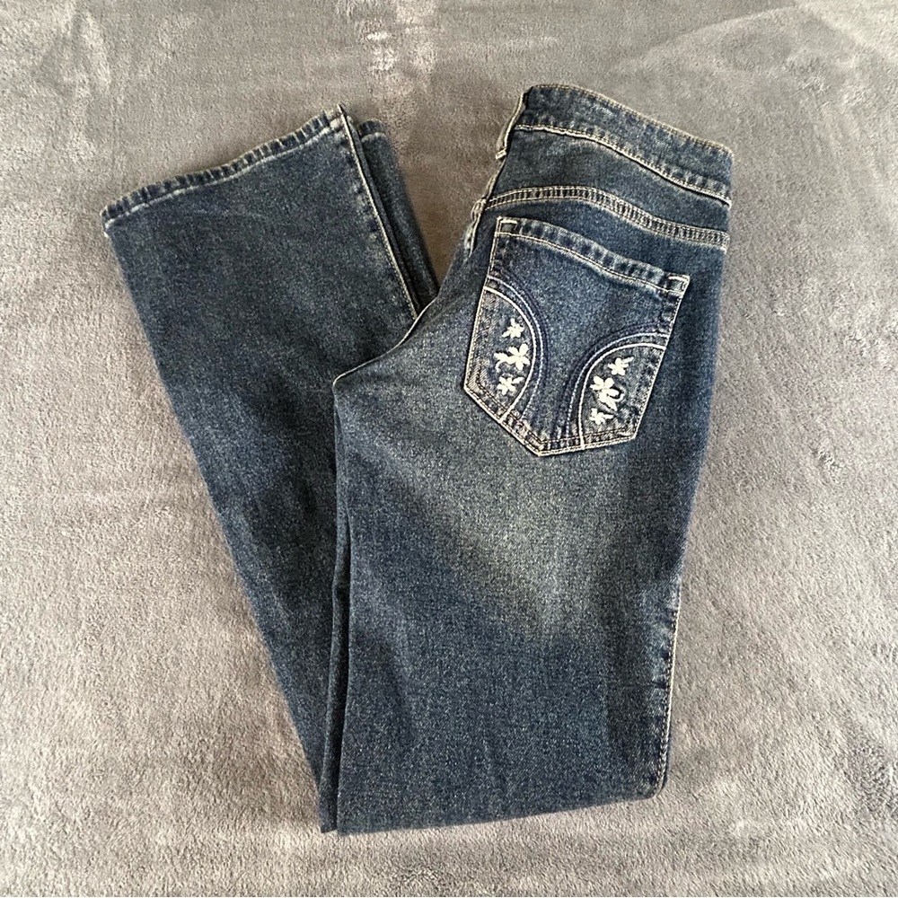 Hollister Jeans Women's 26 Blue Denim Y2K Low Rise Boot Cut Embroidered Med Wash